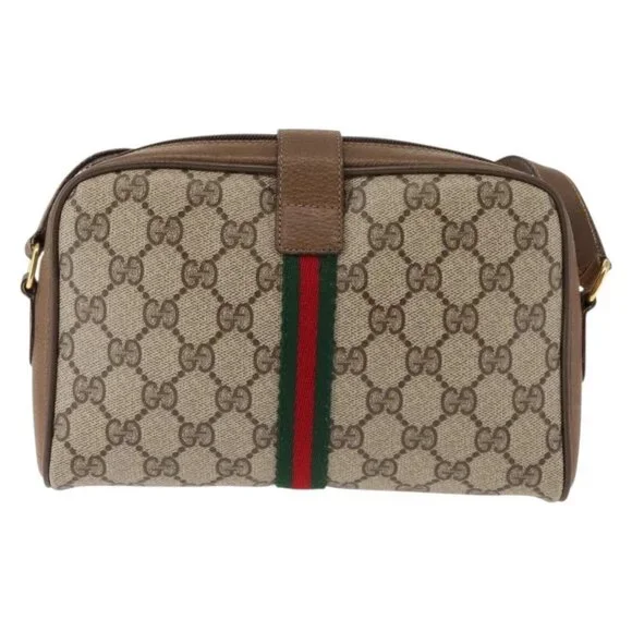 GUCCI GG Canvas Web Sherry Line Shoulder Bag PVC Leather Beige Green